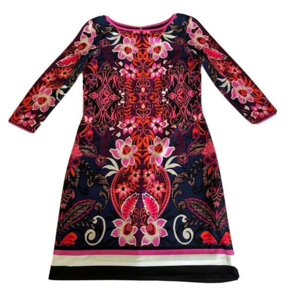 Eliza J Navy Blue & Pink Floral 3/4 Sleeve Stretchy Shift Mini Dress Size 0P-4P - Picture 2 of 5